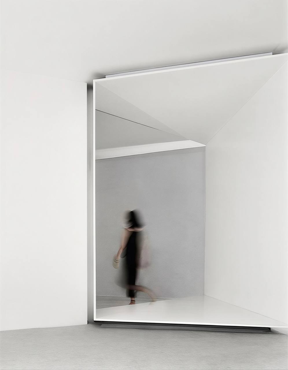 Figure moving through white architectural space — The O