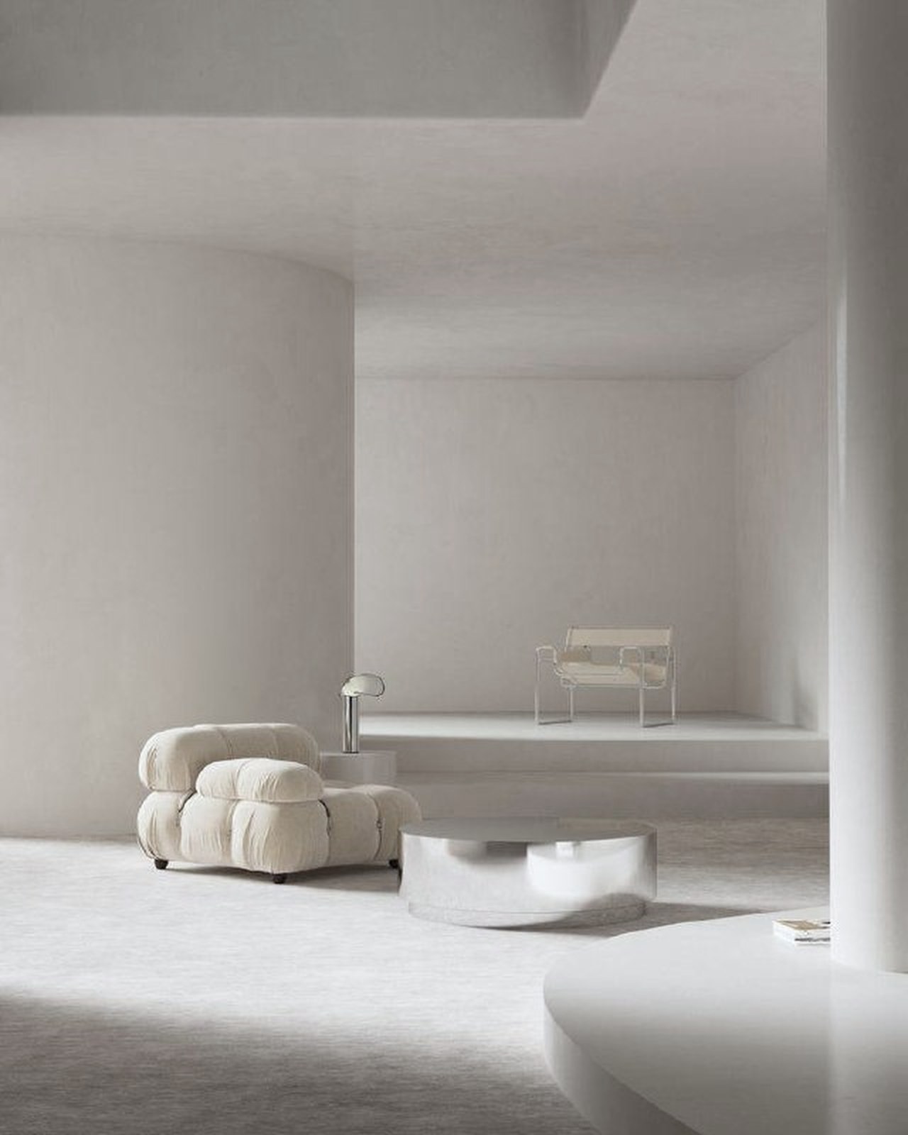 Soft off-white lounge with bouclé seating and chrome — The O